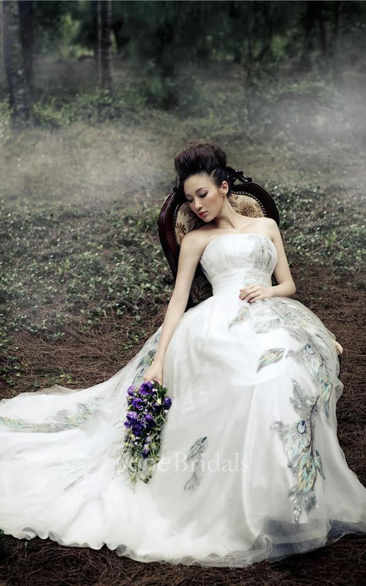 Newest Tulle Strapless Princess Wedding Dress Print Flower Court Train