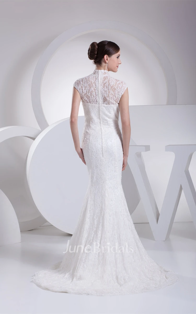 Lace Mermaid Pleated Dress with Illusion Neckline and Brush Train