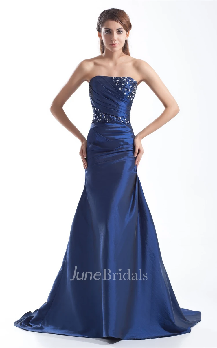 strapless satin a-line ruched gown with corset back and beading