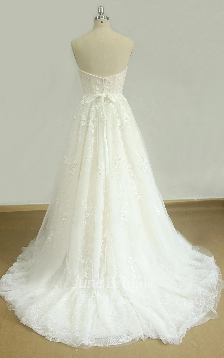 A-Line Scoop Tulle Lace Satin Weddig Dress With Beading
