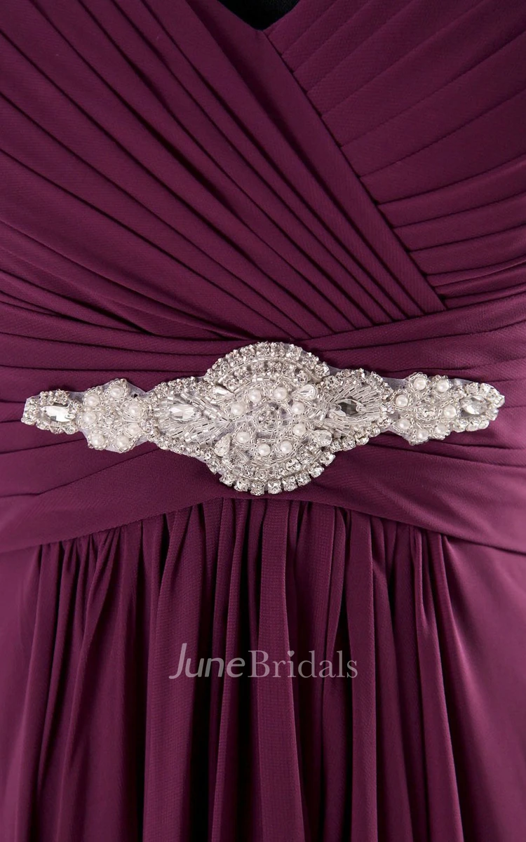 V-neckline Pleated Basque Waist Dress With Crystal