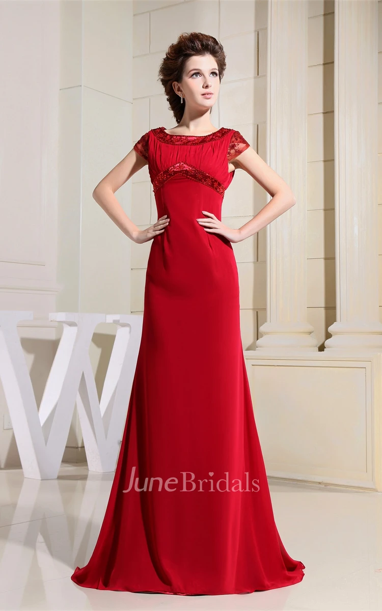 Caped-Sleeve Appliqued Chiffon Sheath Dress with Rhinestone