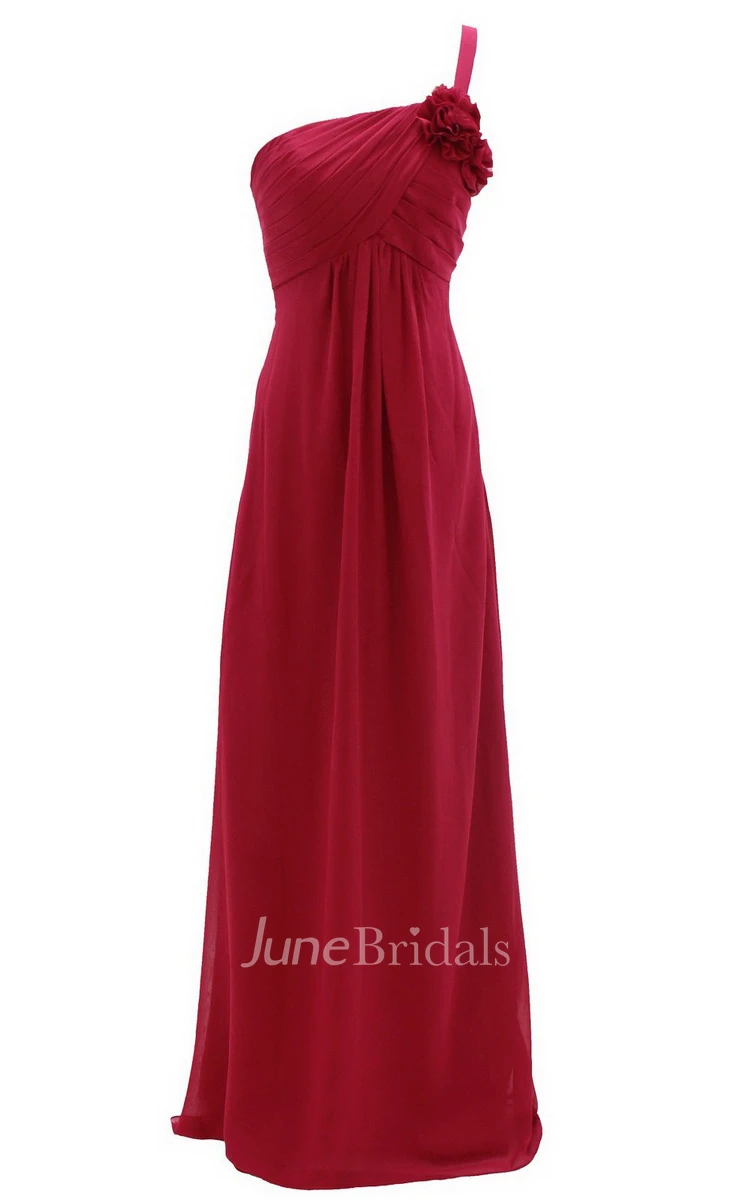One-shoulder Ruched Empire Gown With Flowers