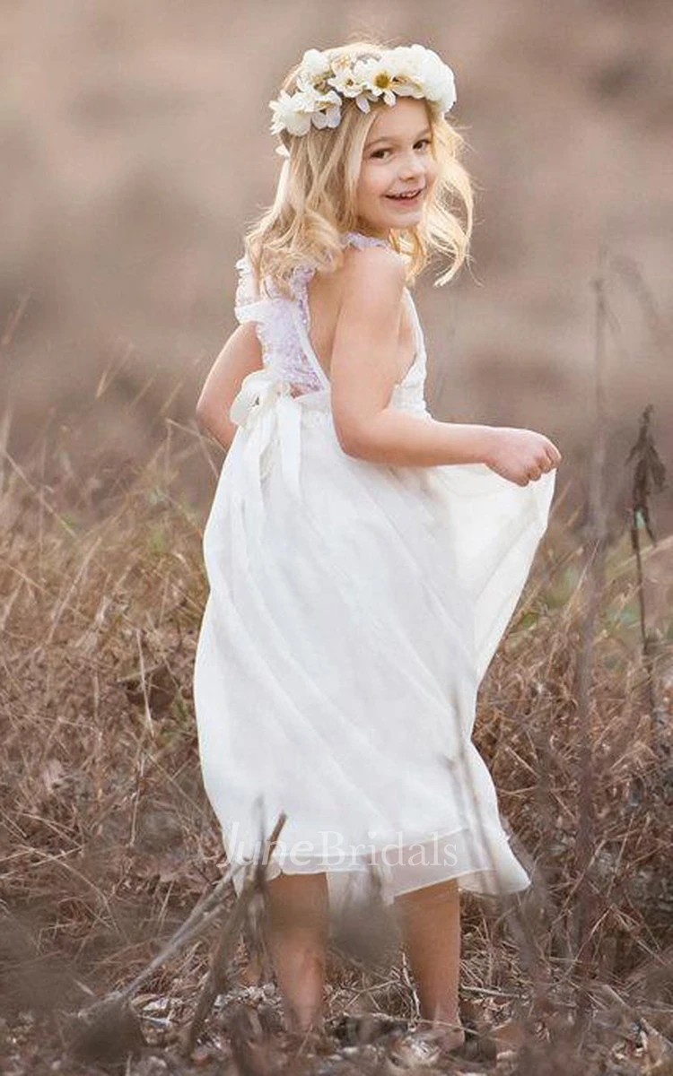 Criss-crossed Strap V-neck Lace Flower Girl Dress With Bow Back Dress