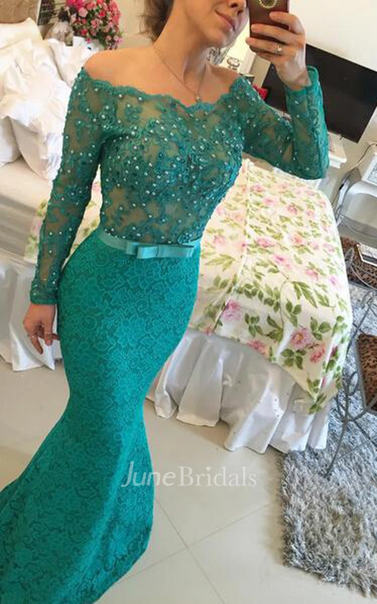 Modern Long Sleeve Lace Mermaid Prom Dress Pearls Off-the-shoulder