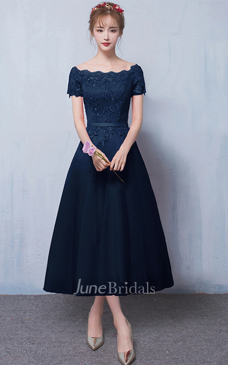 Satin Lace Off-the-shoulder Tea-length Formal Dress With Appliques