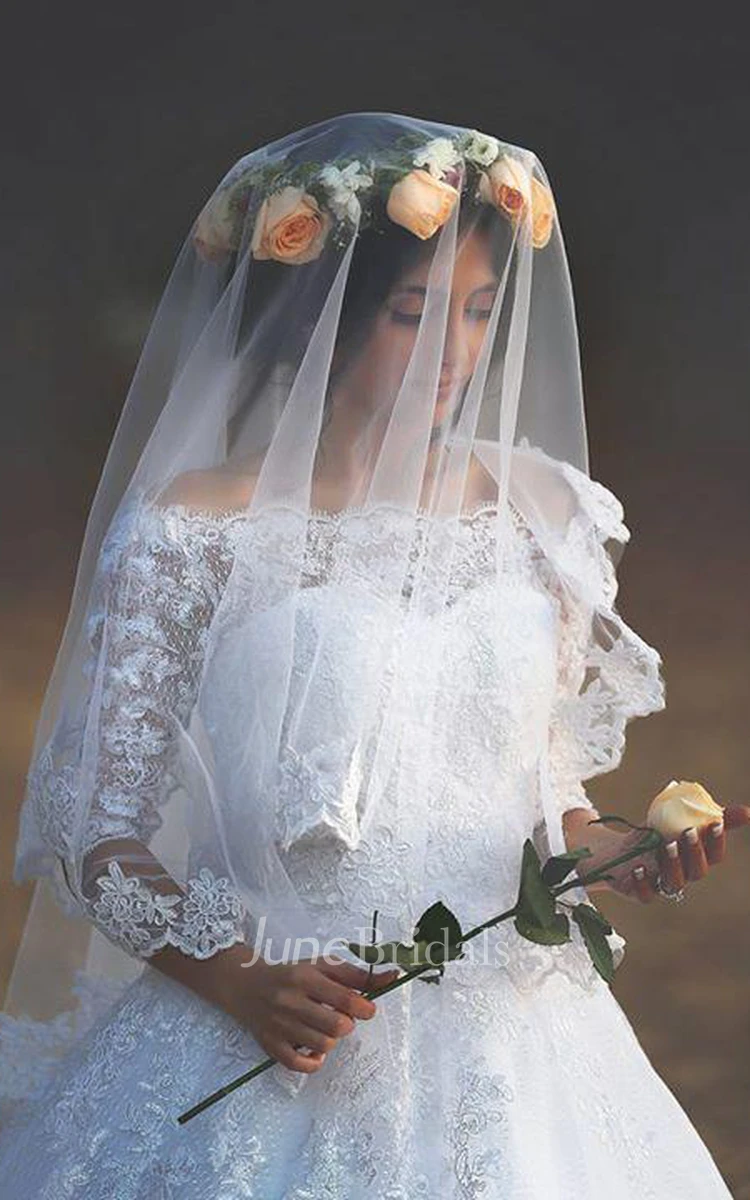 Romantic Off Shoulder Illusion Half Sleeve Button Back Appliques Lace Bridal Gown