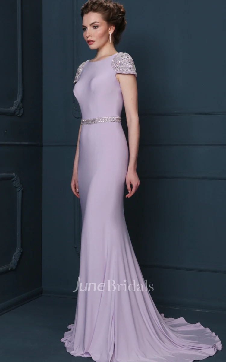 Sheath Beaded Floor-Length Jewel-Neck Cap-Sleeve Jersey Evening Dress With Waist Jewellery