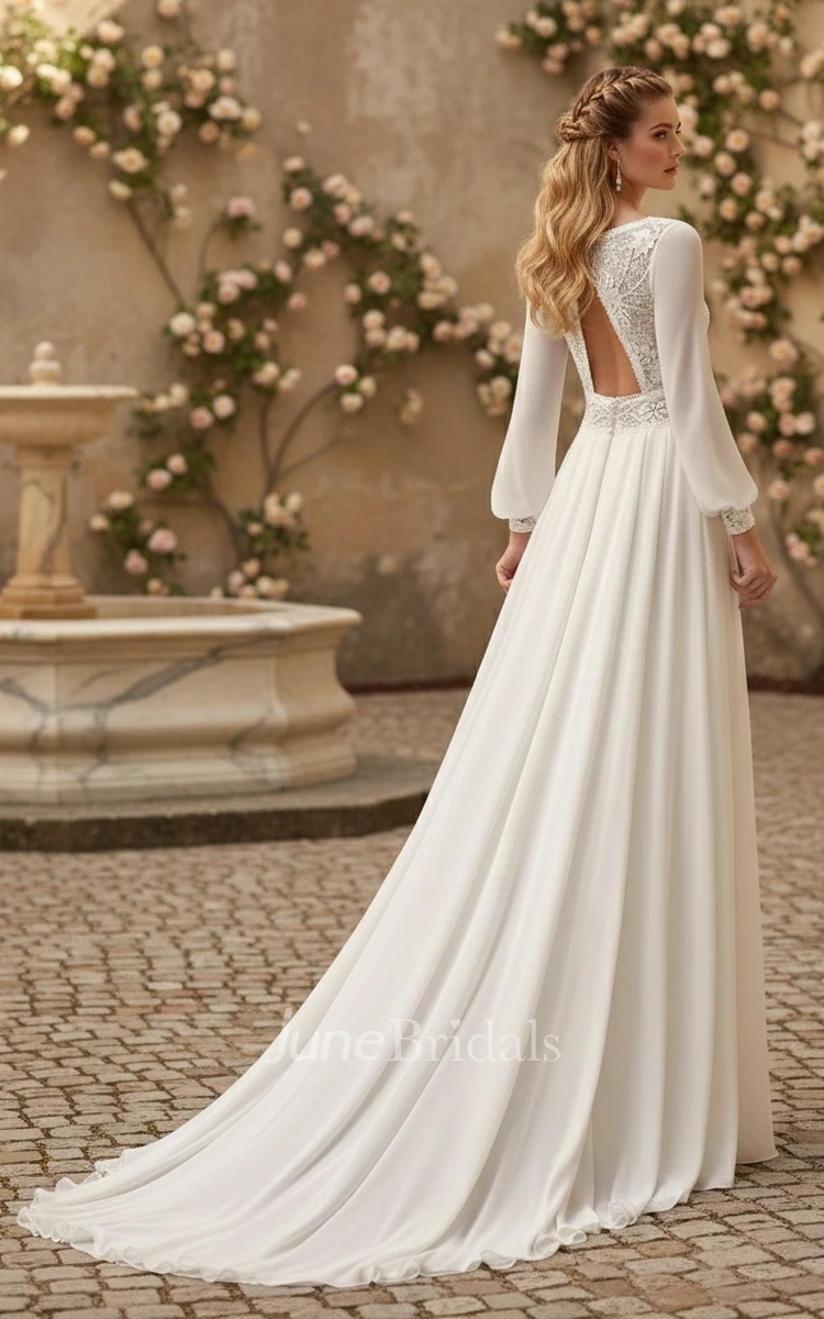 Elegant Vintage Plunging Neckline A-Line Chiffon Lace Winter Wedding Dress Ethereal Romantic Puff Long Sleeve Backless Split Floor-length Bridal Gown with Train