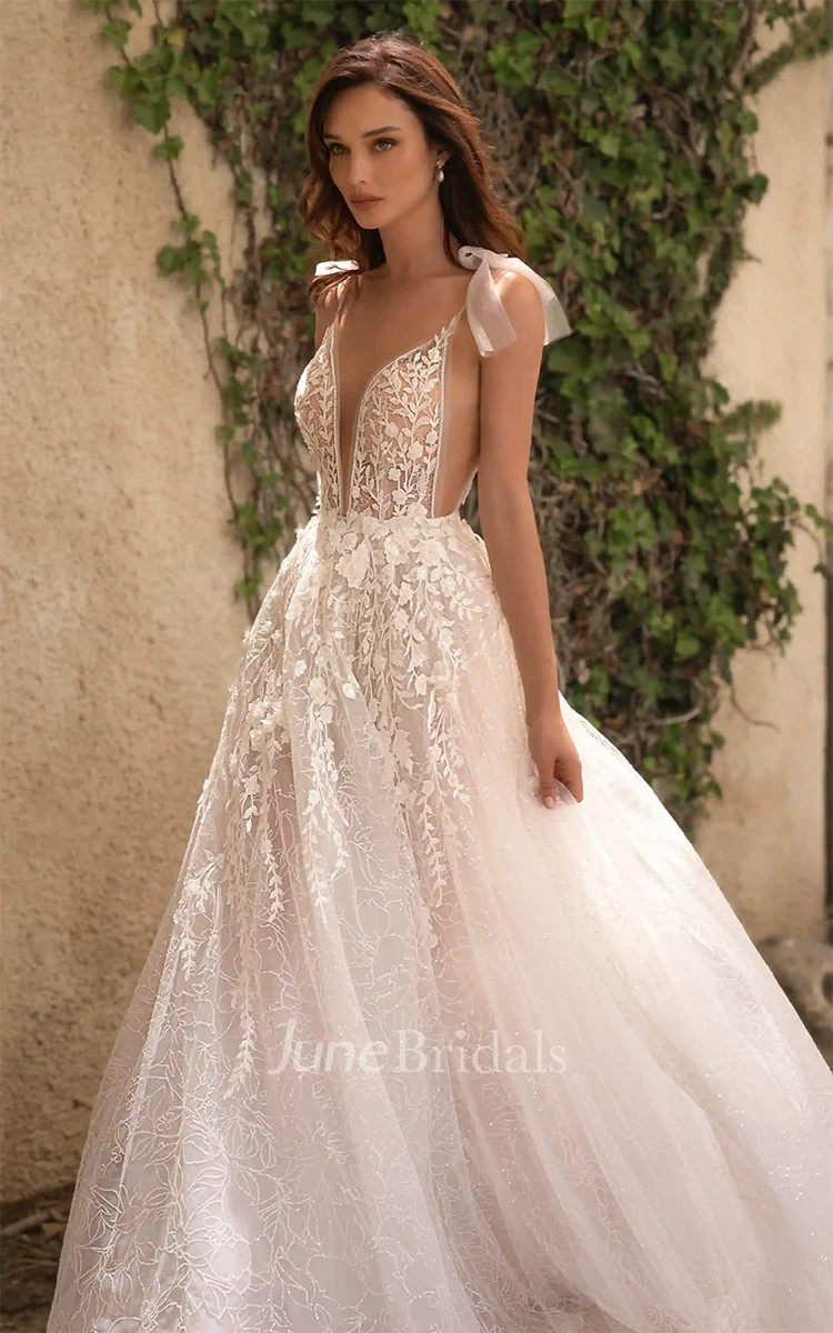 A-Line Plunging Neckline Bohemian Garden Lace Wedding Dress With Open Back And Appliques