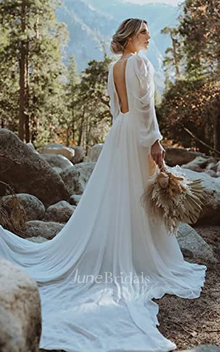 Chiffon A-Line V-neck Wedding Dress Casual Sexy Elegant Romantic Adorable Beach Garden With Open Back And Poet Long Sleeves 