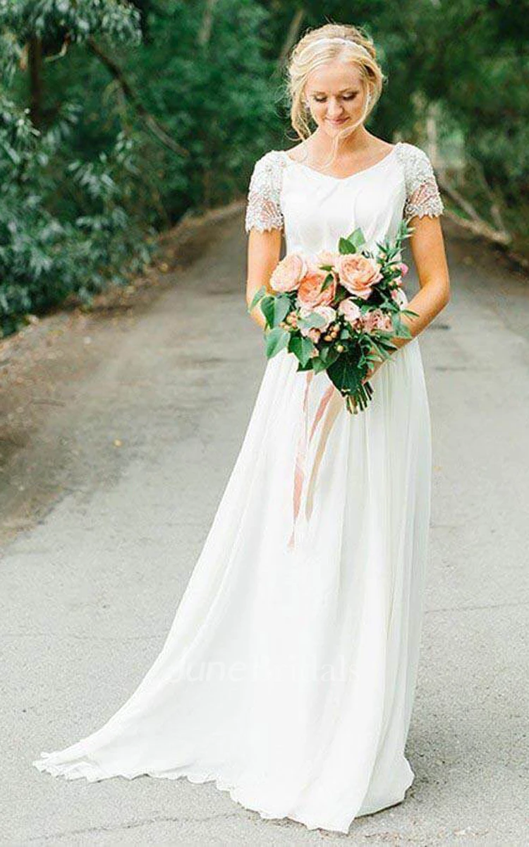 A-Line Chiffon Short Sleeve Wedding Dress Simple Casual Bohemian Elegant Beach Country Garden Bateau