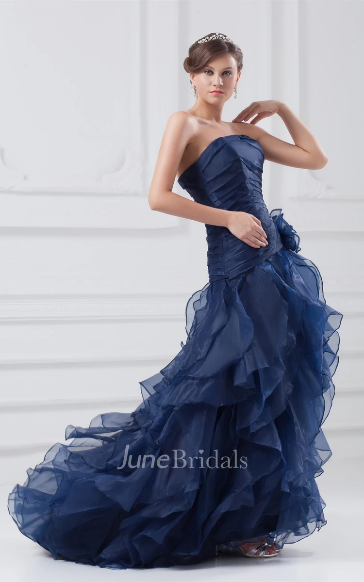 Strapless Front-Split Ruffled Dress with Flower and Brush Train