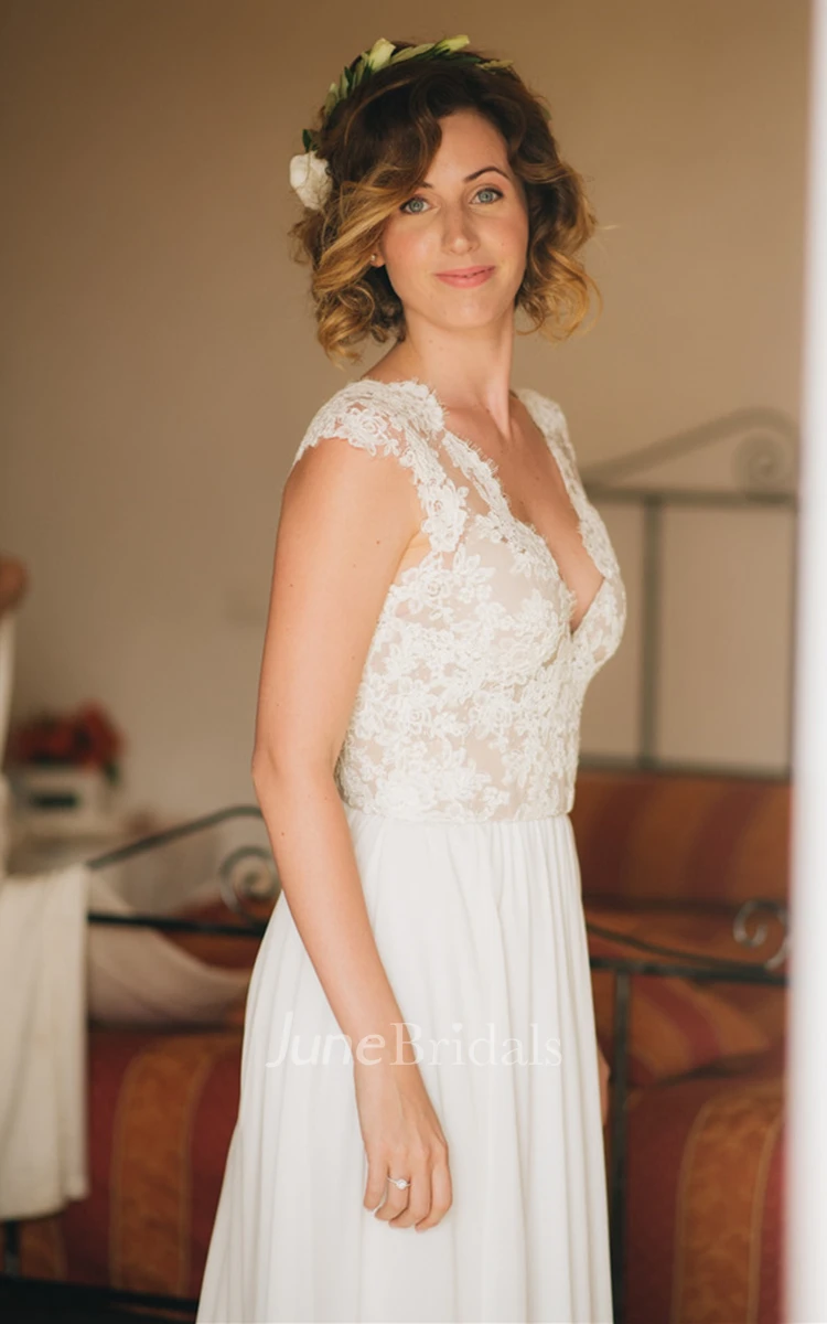 Charming A Line Scalloped V-neck Chiffon Lace Wedding Dress with Appliques
