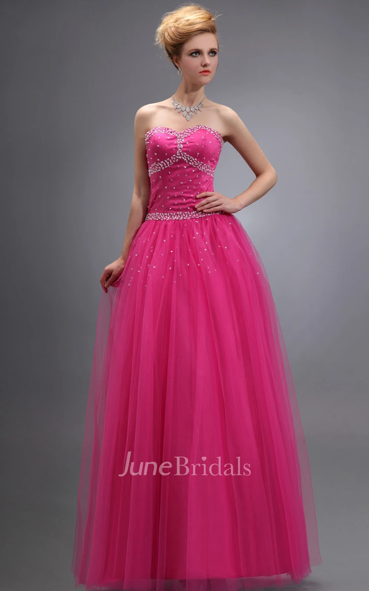 Glam Tulle Long Dress With Crystal Detailings And Lace-Up Back