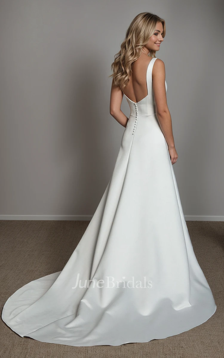 Modern Simple A-Line Square Neck Satin Wedding Dress Sexy Solid Straps Sleeveless Backless Draping Fish Bones Waist Bridal Gown