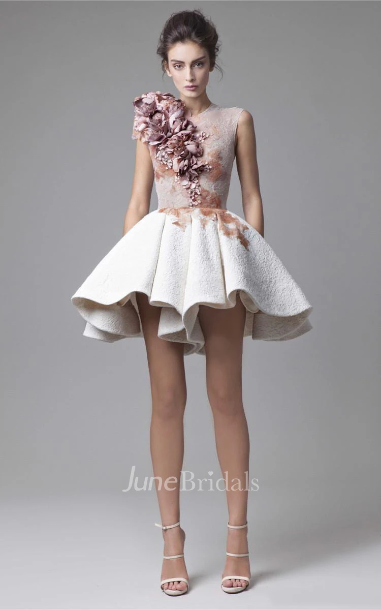 Jewel-Neck Lace Mini Skirt A-Line Sleeveless Prom Dress With Zipper Back