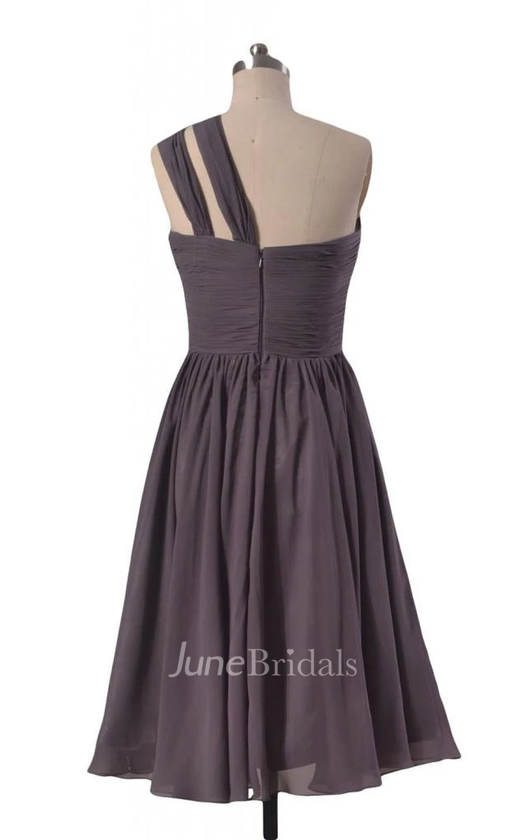 One-shoulder Ruched Bodice Knee-length Pleated Chiffon Dress