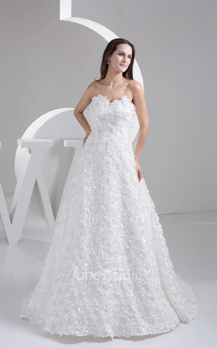 Floral Sweetheart A-Line Gown with Ruffles and Brush Train