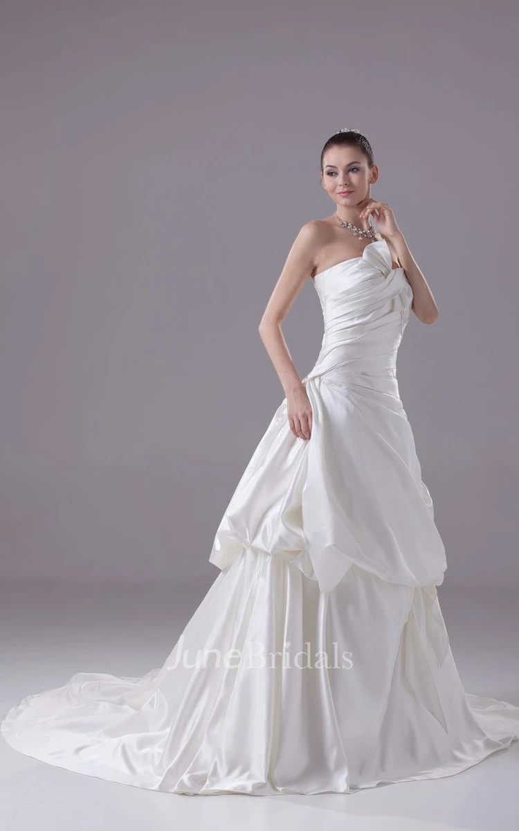 Strapless A-Line Ruched Gown With Bow and Pick-Up Design