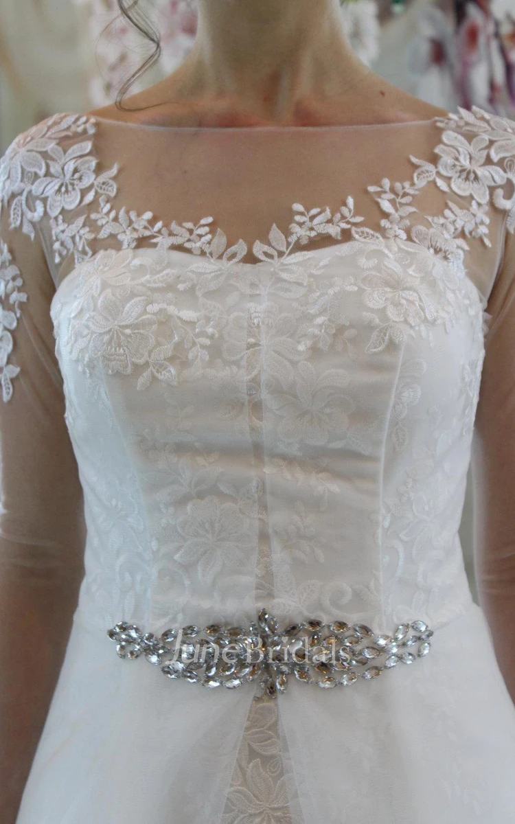 Bateau Neck Long Illusion Sleeve A-Line Wedding Dress With Organza Overlay