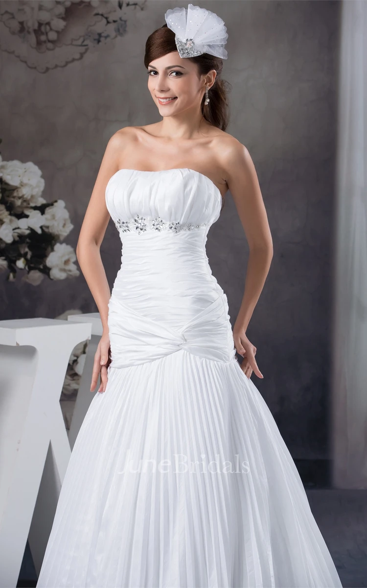 Strapless Pleated A-Line Dress with Beading and Ruched Top