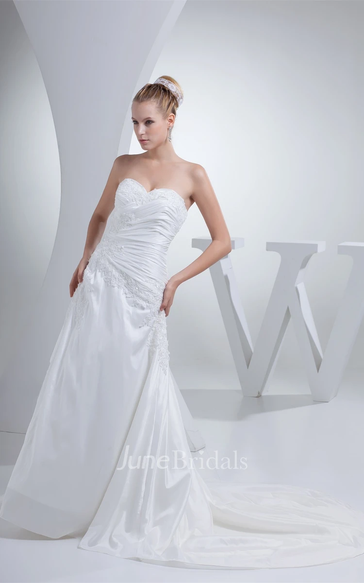 Sweetheart A-Line Ruched Gown with Appliques and Corset Back