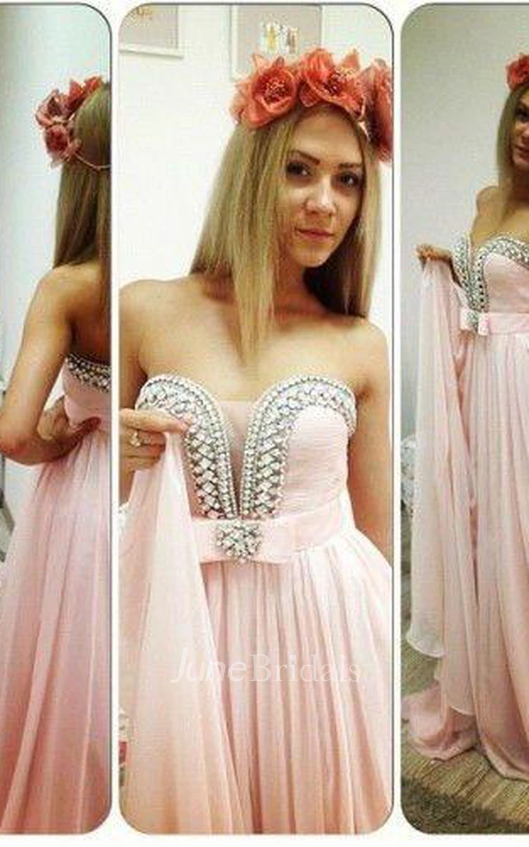 Romantic Pink Chiffon Beadings Prom Dress Sweep Train Bowknot