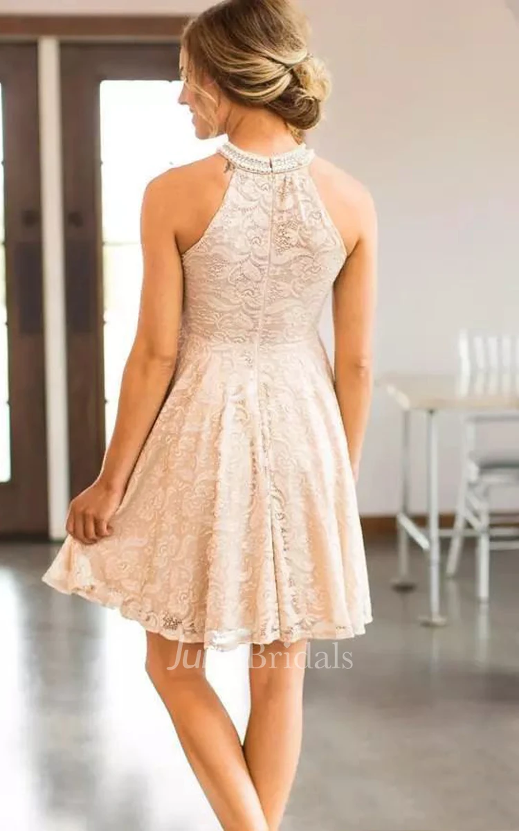 A-Line High Neck Sleeveless Lace Dress
