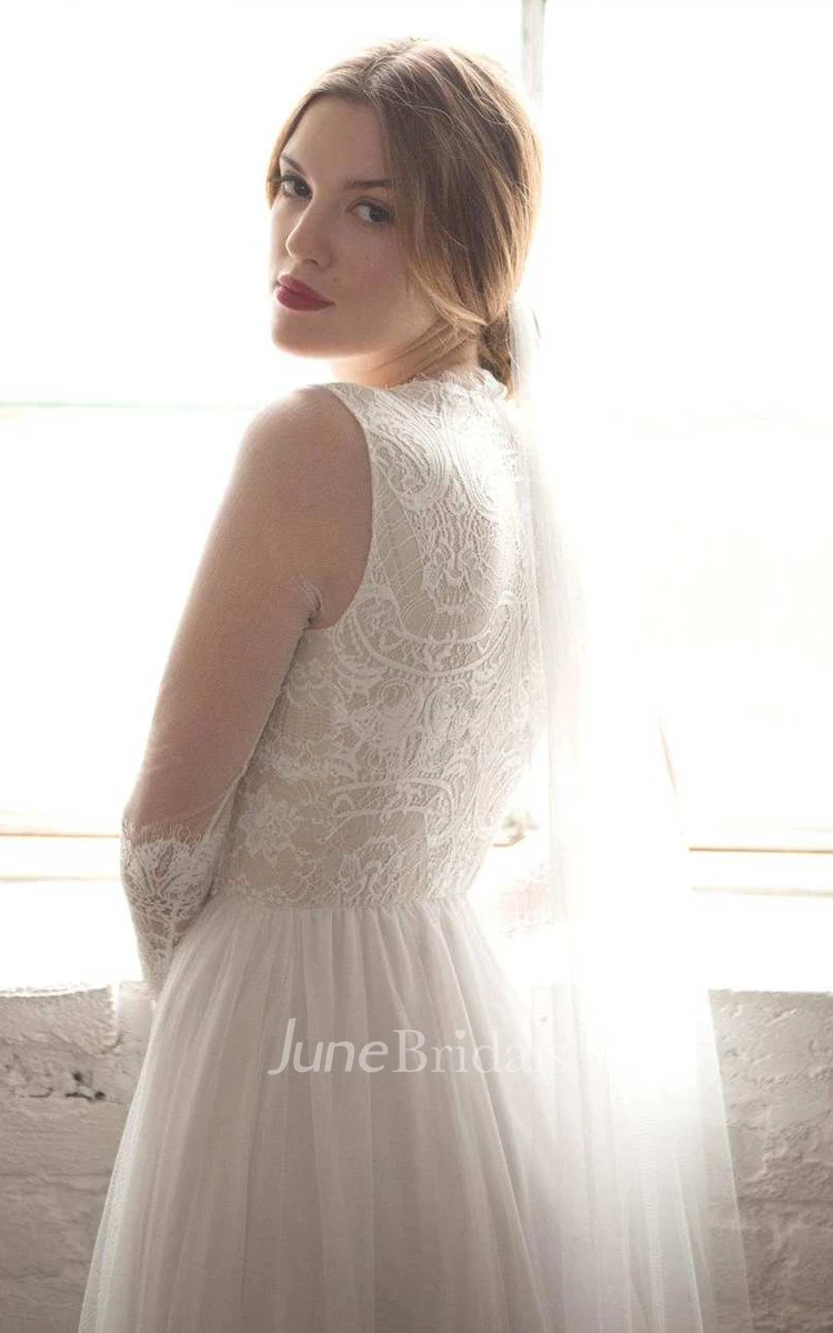 Illusion Scoop-Neck Long Sleeve Lace Tulle Wedding Dress With Pleats