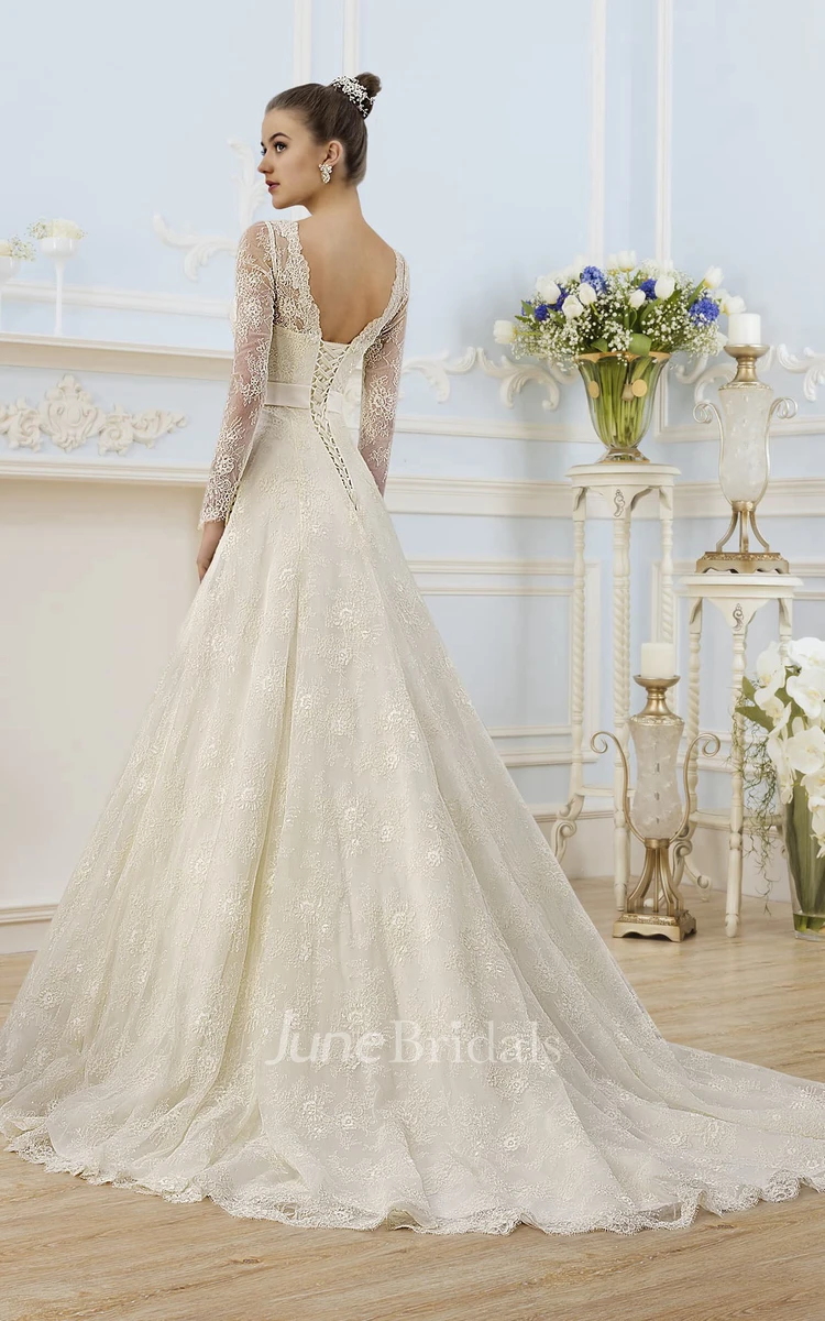 A-Line Floor-Length V-Neck Illusion-Sleeve Corset-Back Lace Dress With Appliques And Bow