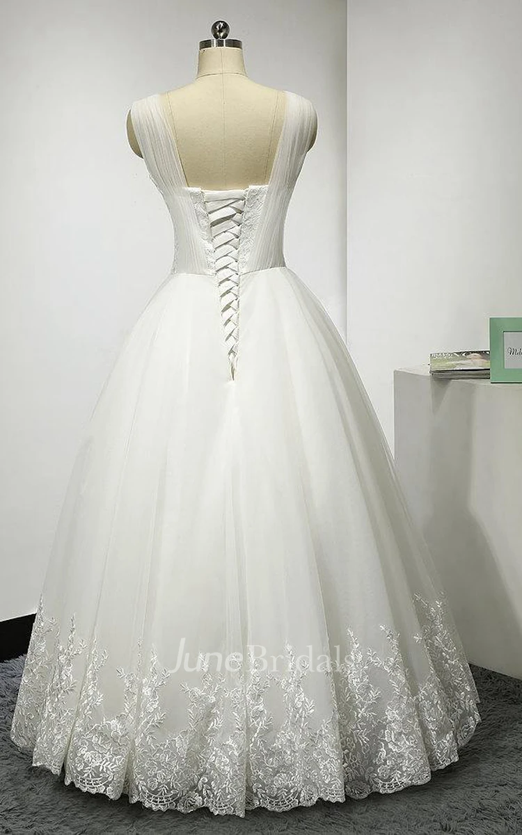 V-Neck Sleeveless Tulle Ball Gown With Ruching and Lace