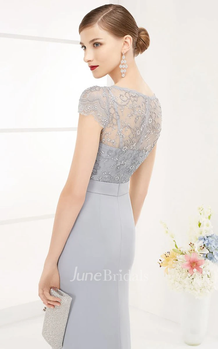 Jewel Neckline Cap-sleeve Jersey Dress With Beading And Split Front
