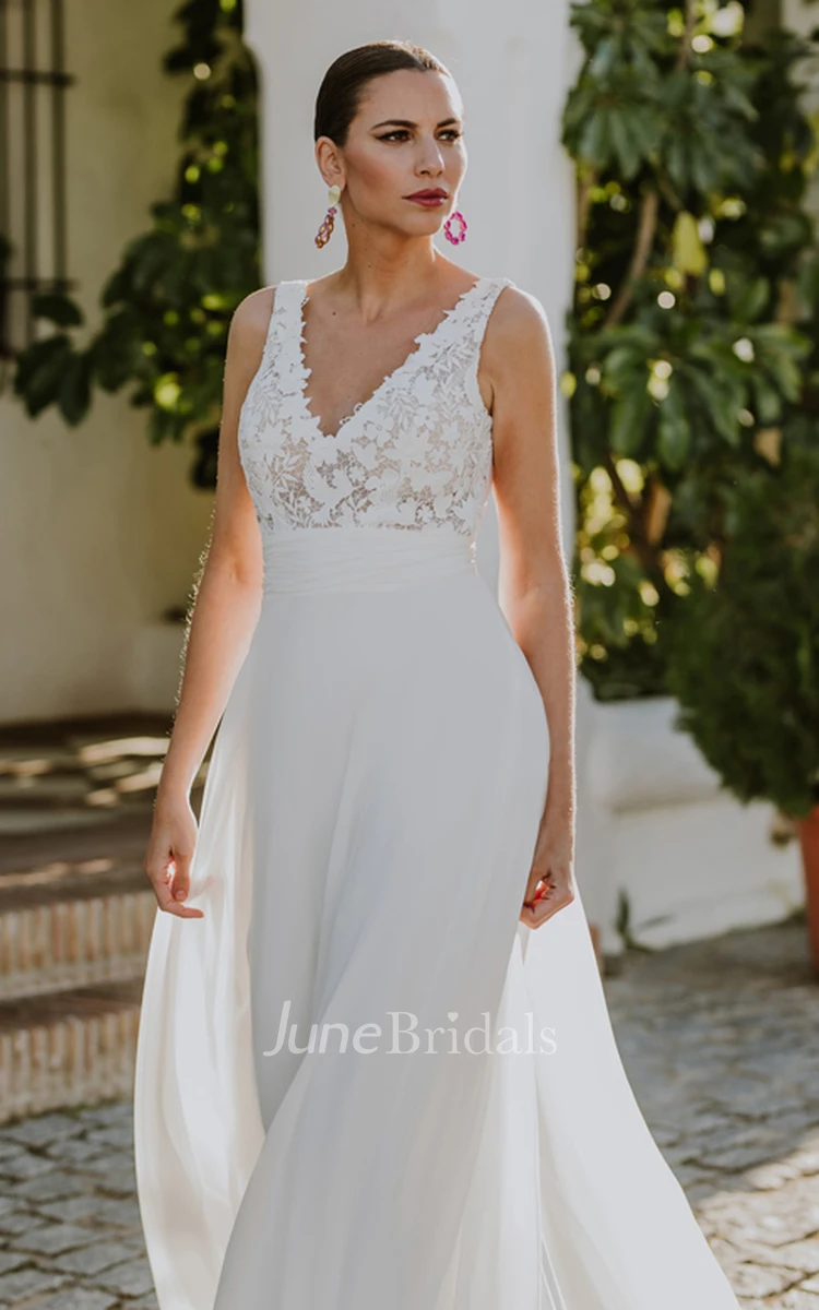 A-Line V-neck Chiffon Romantic Wedding Dress With Open Back And Appliques