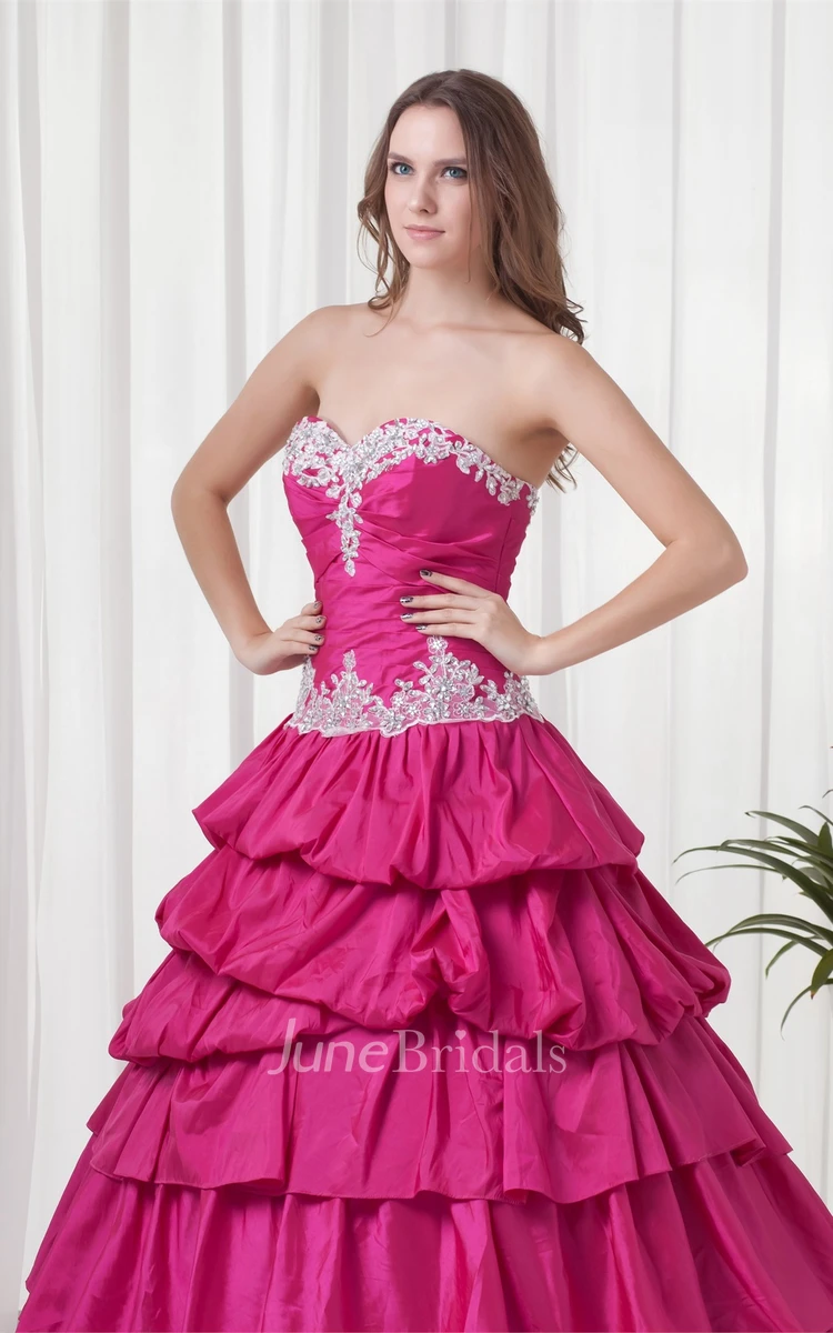 sweetheart a-line ball tiered gown with ruching and appliques
