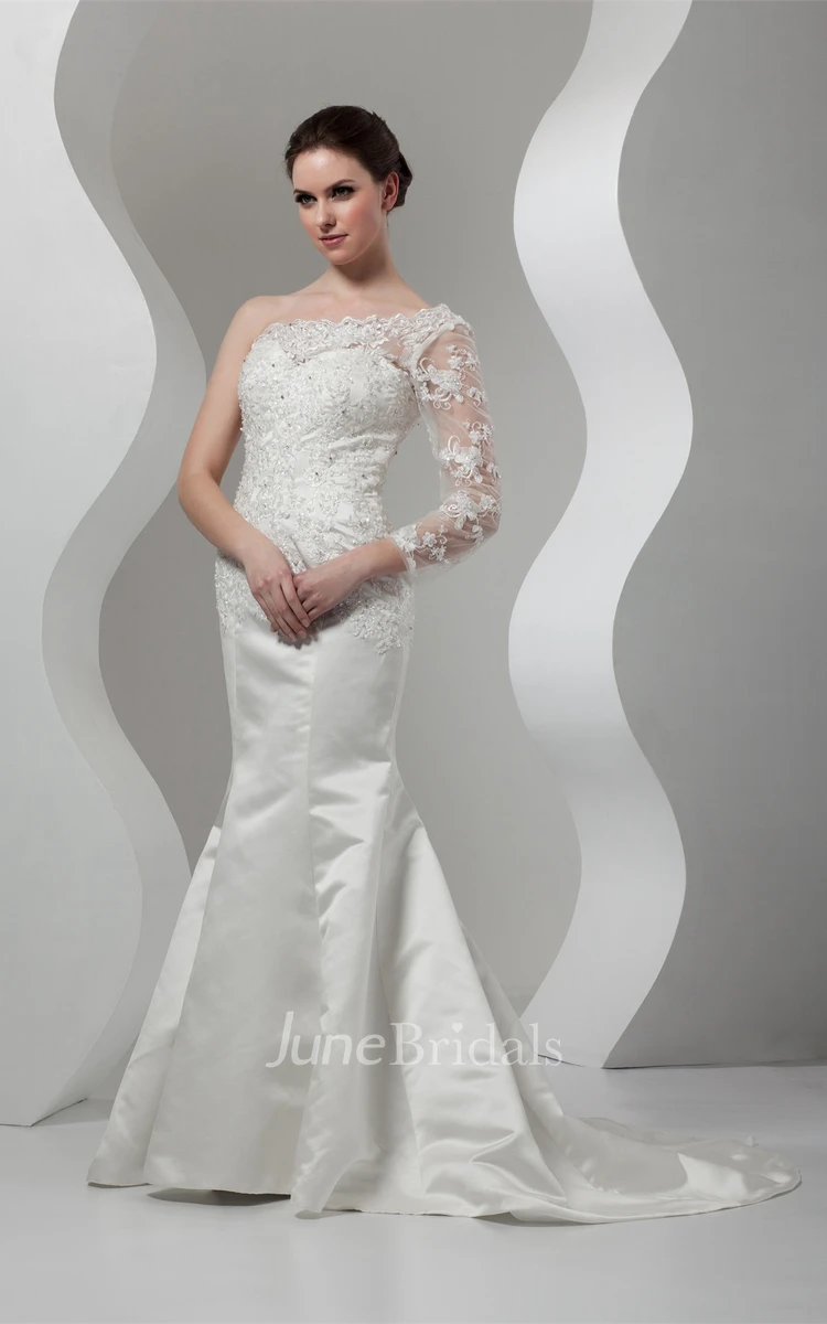Asymmetrical Mermaid Appliqued Gown with Illusion One Sleeve