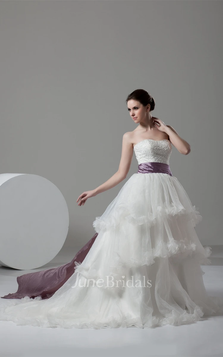 Strapless Tiered A-Line Ball Gown with Stress and Ruffles