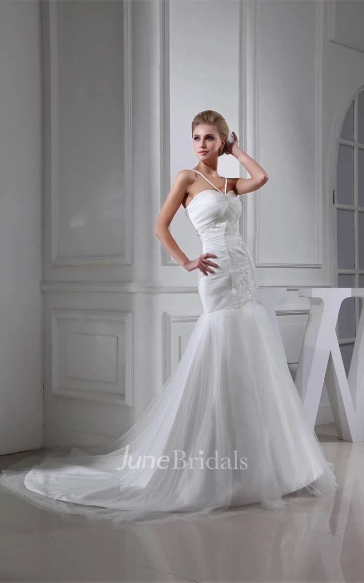 Spaghetti-Straps Ruched Mermaid Tulle Dress with Appliques
