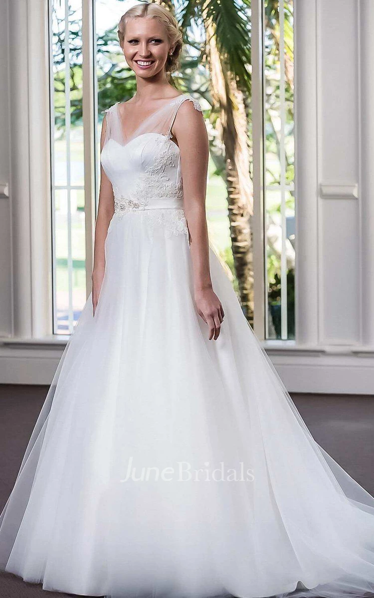 A-Line Tulle Satin Beaded Lace Wedding Dress