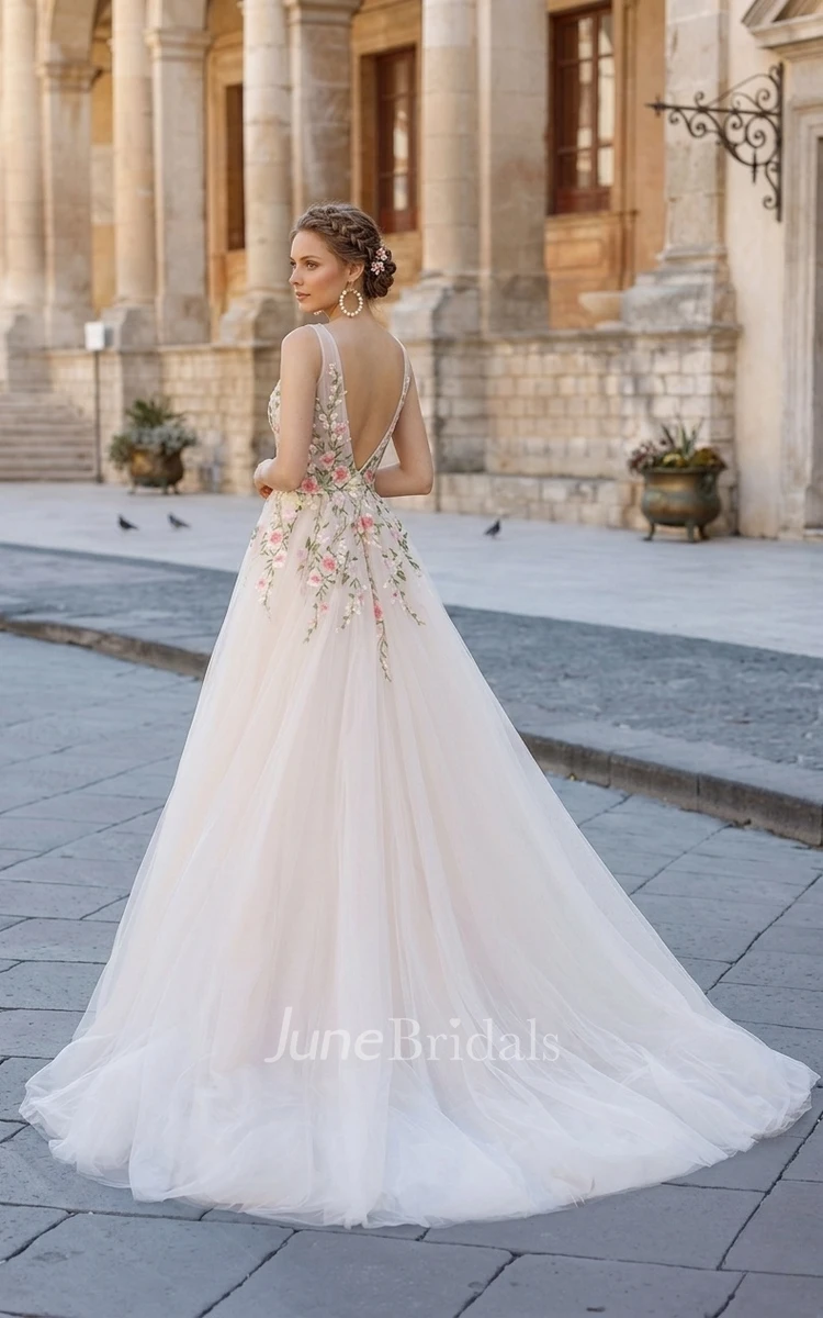 A-Line Floral Lace Tulle Spring Wedding Dress Modern Sleeveless V-Neck Princess Gown