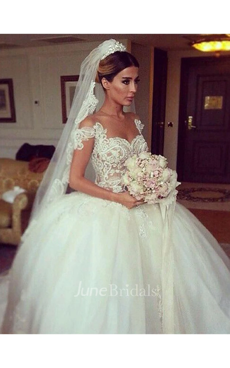 Glamorous Beadings Tulle Ball Gown Wedding Dress Off-the-shoulder Button Back
