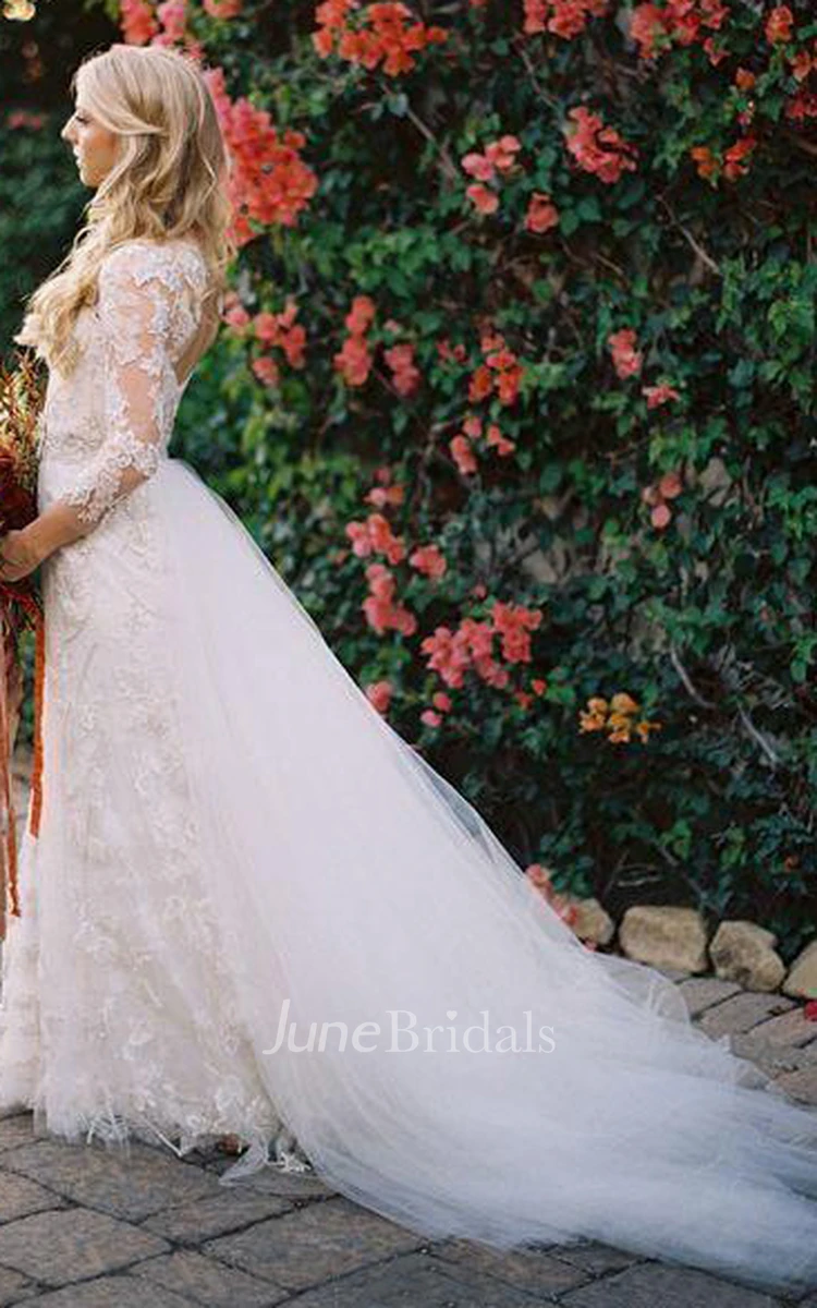Summer Long Sleeves Keyhole Back Lace Wedding Dress with Detachable Skirt