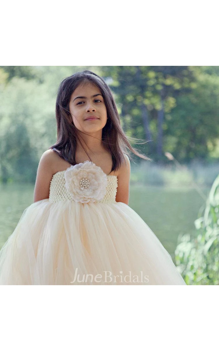 One Shoulder Pleated Tulle Gown With Flower and Beaded Detailing