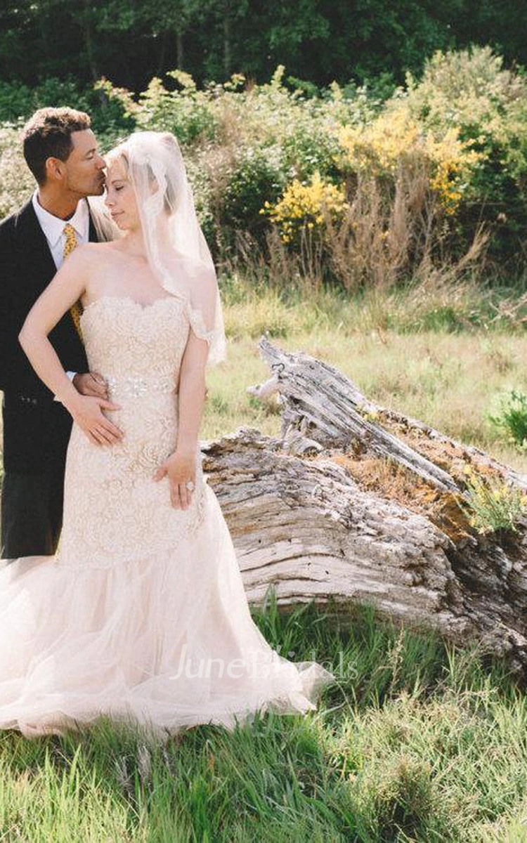 Ivory and Gold Lace Mermaid Fit and Flare Wedding Gown