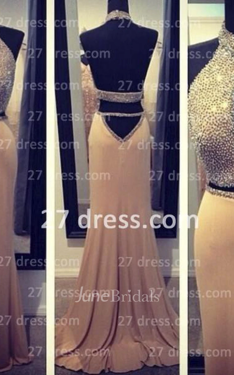 Stunning Backless Long Evening Dresses Halter Chiffon Beading Prom Gown