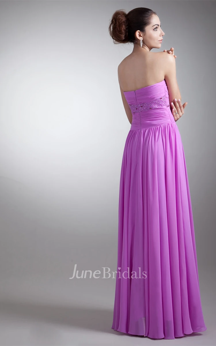 chiffon floor-length beaded dress with pleats and ruching
