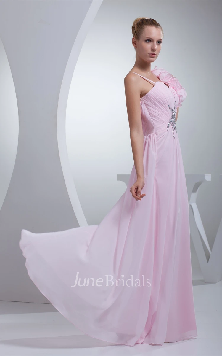 Spaghetti-Straps Ruched Floor-Length Dress with Beading and Floral Embellishment