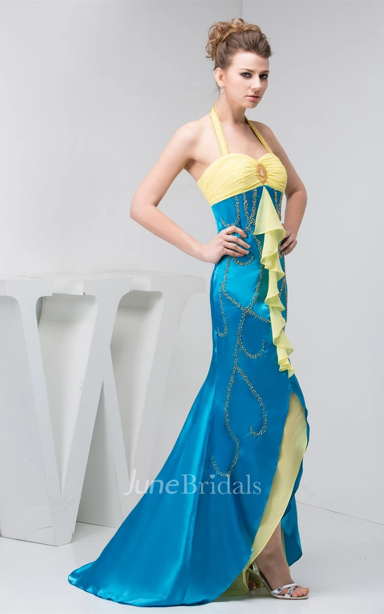 Two-Tone Haltered Sheath Dress with Broach and Stress