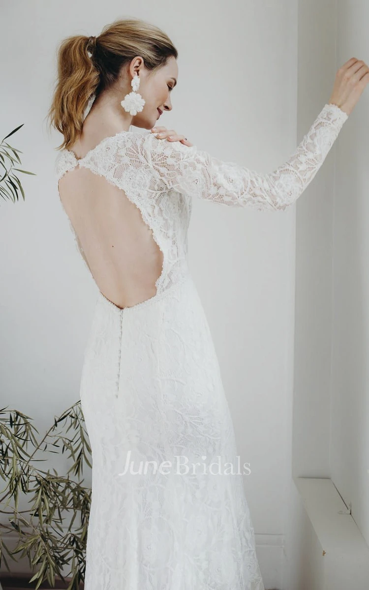 Lace Plunging V-neck Sexy Sheath Bridal Gown With Long Sleeves And Keyhole Back