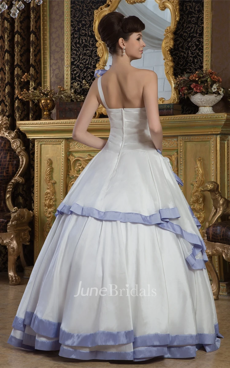 One-Shoulder Criss-Cross Ball Gown with Flower and Draping